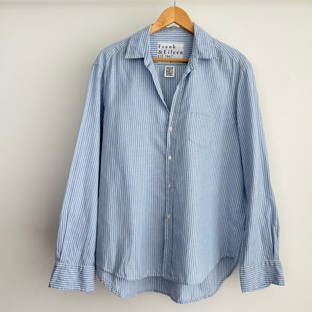 Frank & Eileen Shirt Womens Large Blue Relaxed Button Up 'Eileen' Linen Cotton